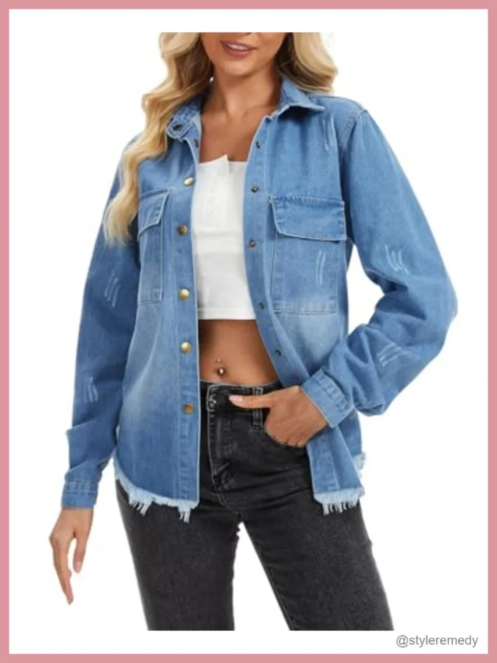 Women's Frayed Hem Denim Jacket Long Sleeve Casual Cotton Blend
